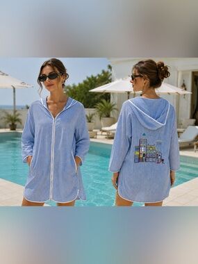 URLAZH Blue & White Striped Hooded Zip Jacket Swim Cover-Up